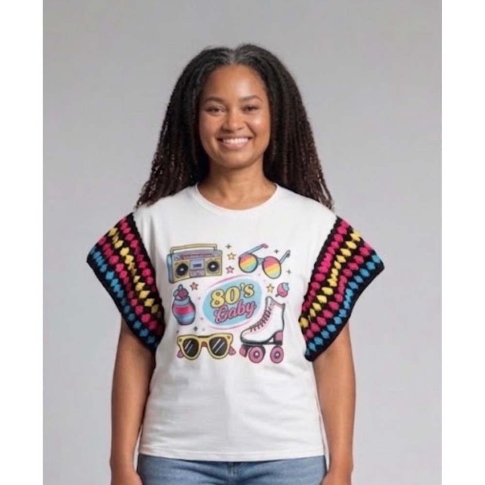 Handmade 80s Girl Crochet Sleeve Tee Retro Upcycled Graphic Shirt One of 1